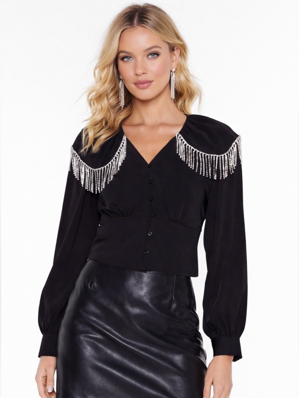Stunning Nastygal Rhinestone Fringe V-Neck Western Glam Blouse 💎